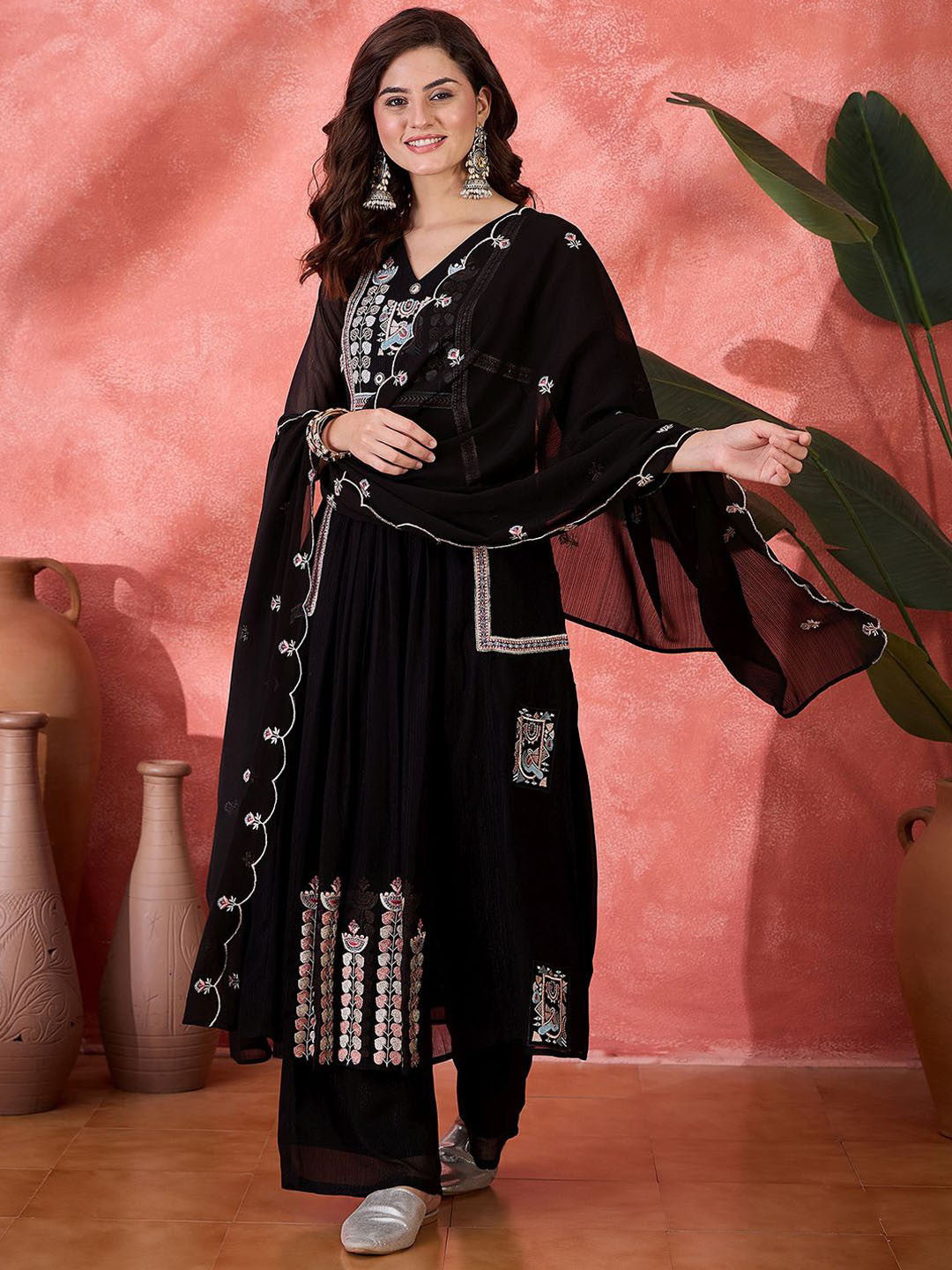 Ethnic Motifs Embroidered V-Neck Straight Kurta With Trouser And Dupatta