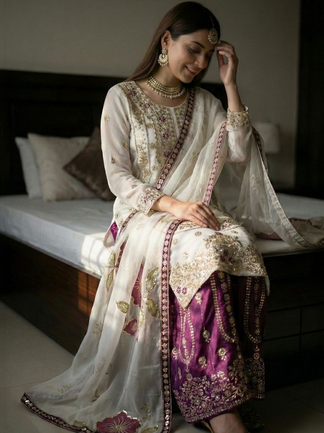Dhiyona KL Women Ethnic Motifs Embroidered Regular Sequinned Kurta with Sharara & With Dupatta