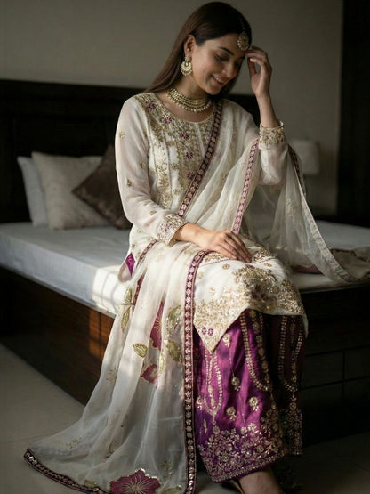 Dhiyona KL Women Ethnic Motifs Embroidered Regular Sequinned Kurta with Sharara & With Dupatta