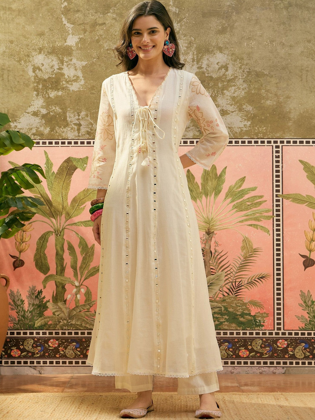 Embroidered V-Neck Anarkali Kurta & Trousers With Dupatta