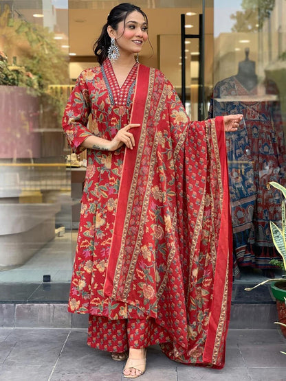 Dhiyona KL Women Floral Printed Regular Pure Cotton Kurta with Trousers & With Dupatta