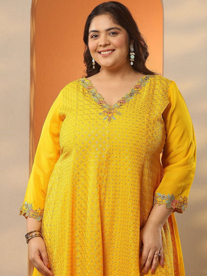 Dhiyona Women's Embroidered Thread Work Plus Size A-Line Kurta With Palazzos & Dupatta