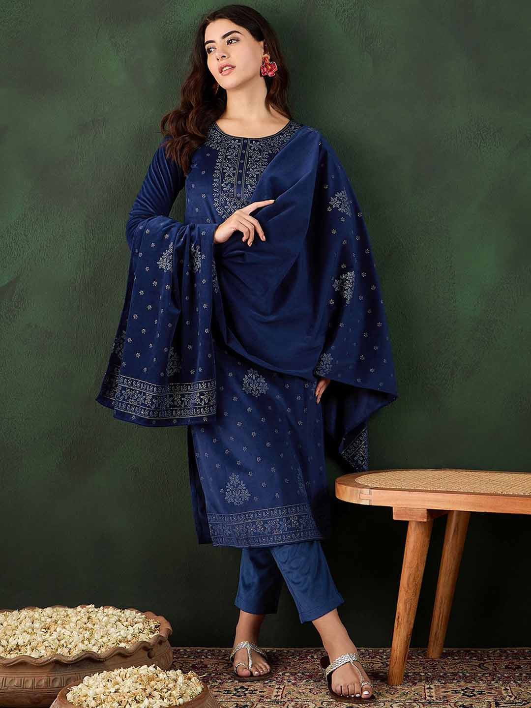 Floral Printed Winter Velvet Straight Kurta & Trouser With Dupatta