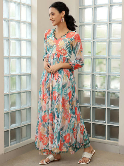 Women's LB Off white Printed Poly Chiffon A-Line Kurta With Palazzos & Dupatta