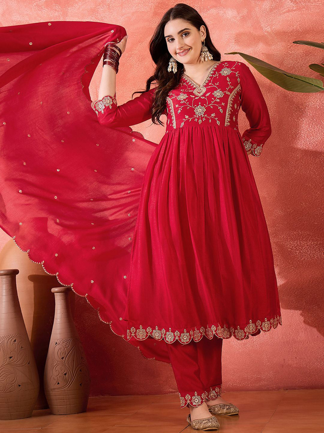 Zari Sequence Cut Work Emboridered Kurta Set With Dupatta