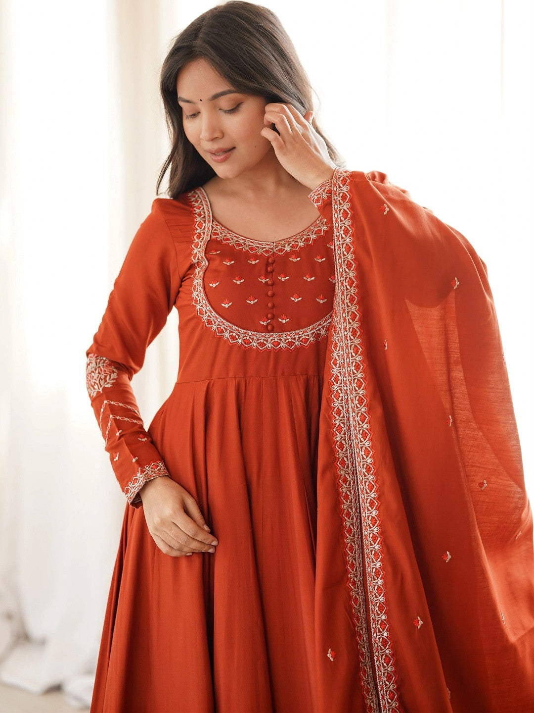 Women Ethnic Motifs Embroidered Empire Thread Work Chanderi Silk Kurta with Trousers & With Dupatta