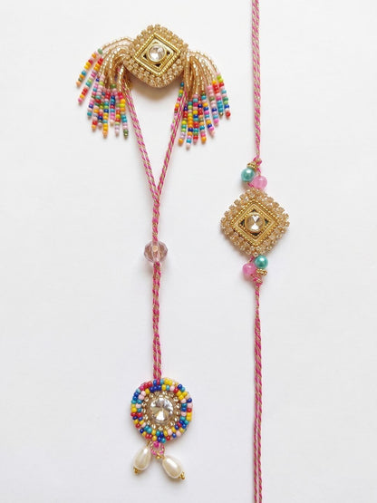 Dhiyona Set Of 2 White Artificial Stones Golden Toned Bhaiya Bhabhi Rakhi With Roli Chawal