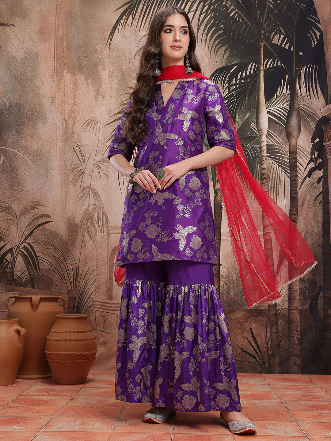 Ethnic Motifs Foil Printed V-Neck Kurta with Sharara