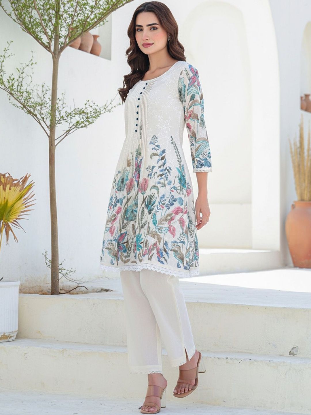 Women Floral Printed Panelled Thread Work Pure Cotton Kurta with Trousers