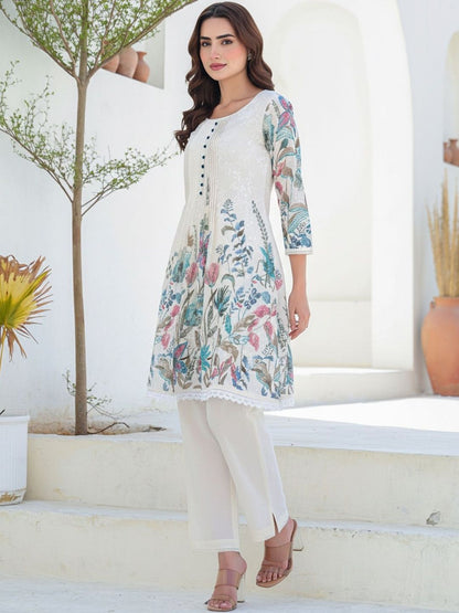 Women Floral Printed Panelled Thread Work Pure Cotton Kurta with Trousers
