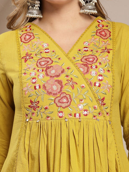 Women Floral Embroidered Angrakha Thread Work Pure Cotton Kurta with Palazzos & With Dupatta