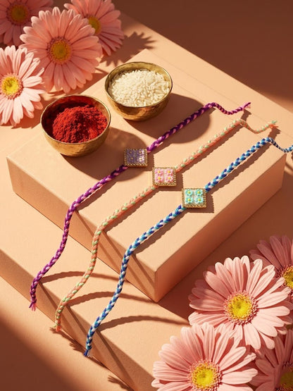 Dhiyona Set Of 3 Multicolor Ad Thread Rakhi With Roli Chawal Chandan Mishri