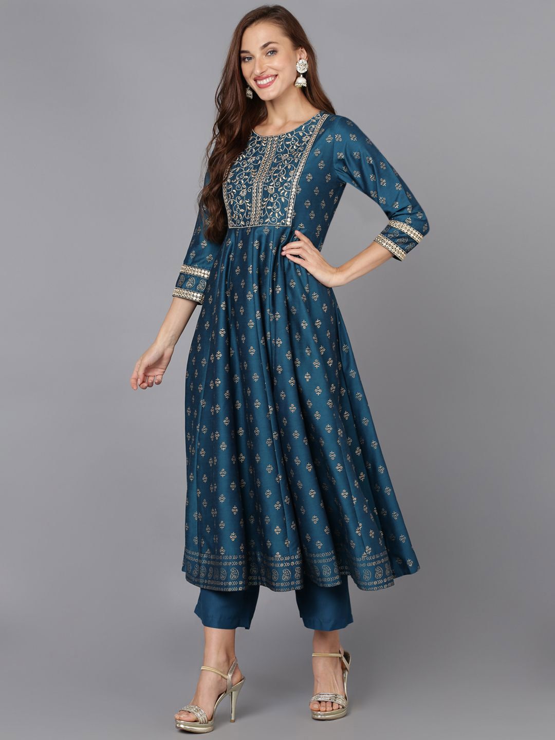 Dhiyona KL Floral Printed Round Neck Zari Anarkali Kurta & Palazzos With Dupatta