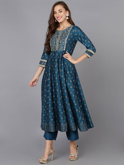 Dhiyona KL Floral Printed Round Neck Zari Anarkali Kurta & Palazzos With Dupatta