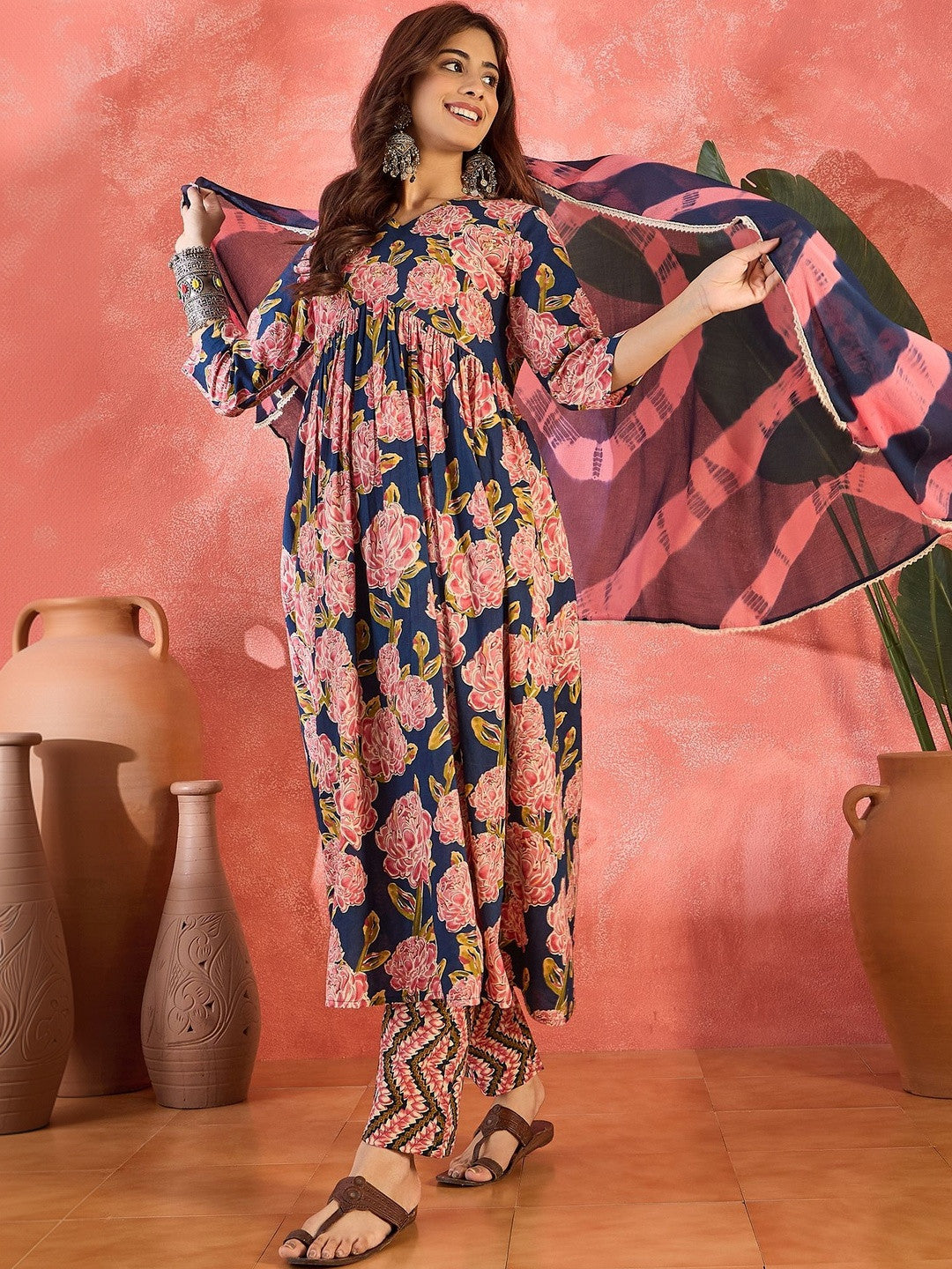 Printed Pure Cotton V-Neck A-Line Kurta & Trousers With Dupatta