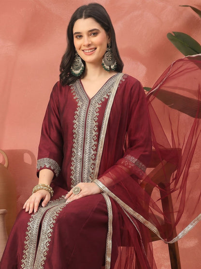 Printed Silk Blend Shirt Collar Kurta & Trousers With Dupatta