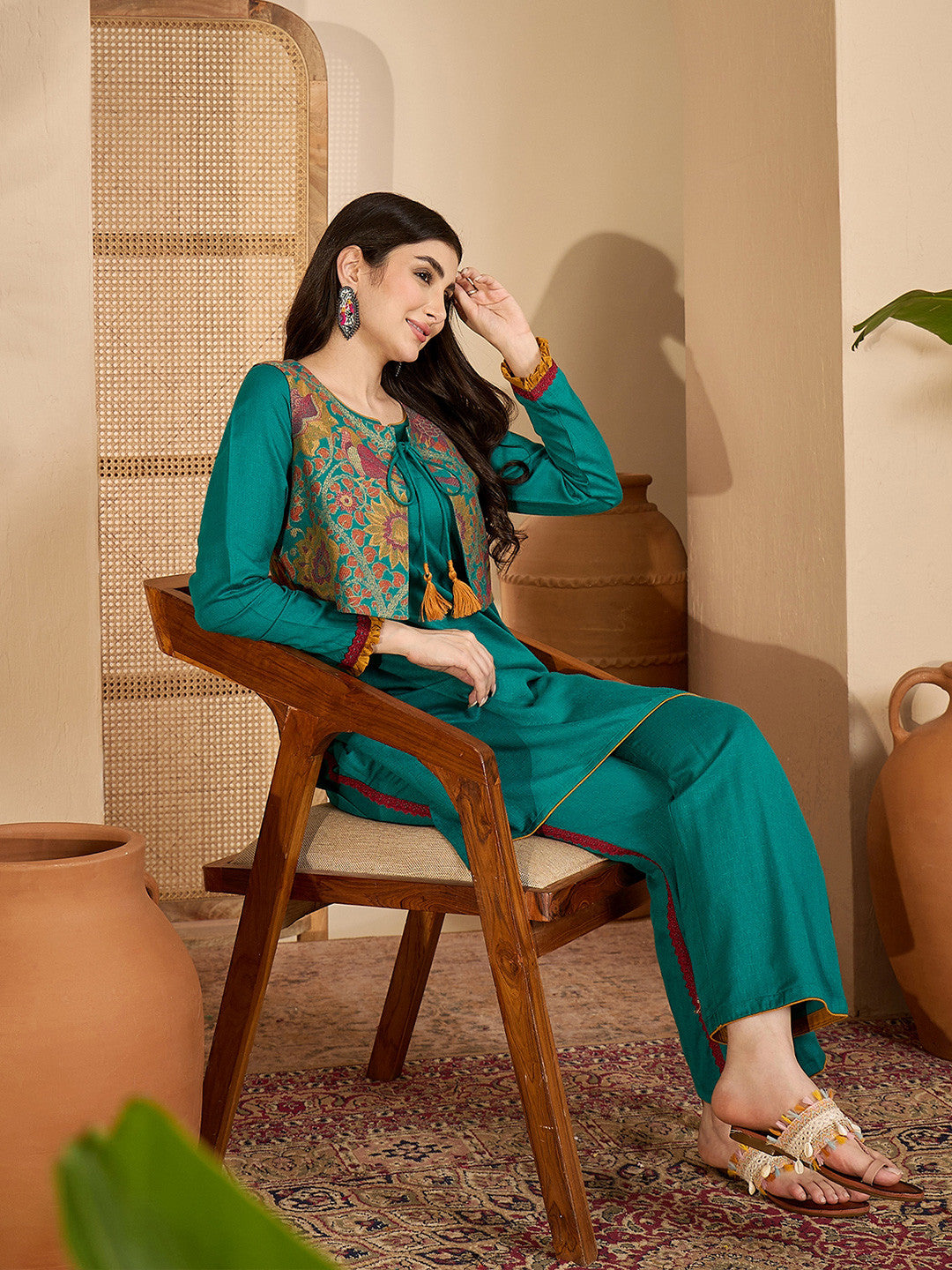 Winter Ethnic three-Piece kurta Set with Tassel-Tie Jacket