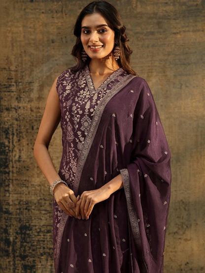 Burgundy Floral Woven Design Silk Blend Straight Suit Set