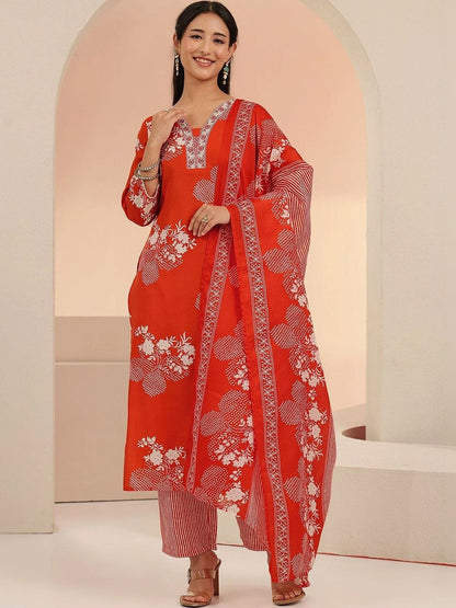 Orange Bandhani Printed Cotton Blend Straight Suit Set