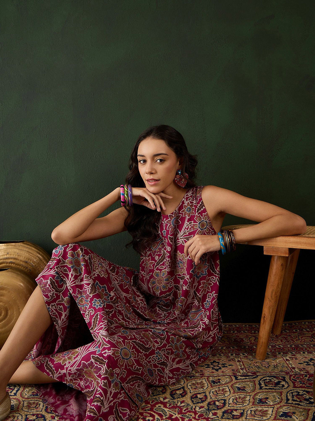 Burgundy Floral Printed Round Neck A-Line Kurta With Palazzos