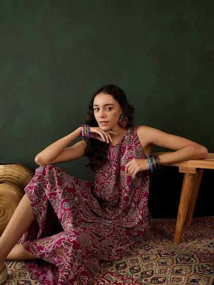 Burgundy Floral Printed Round Neck A-Line Kurta With Palazzos