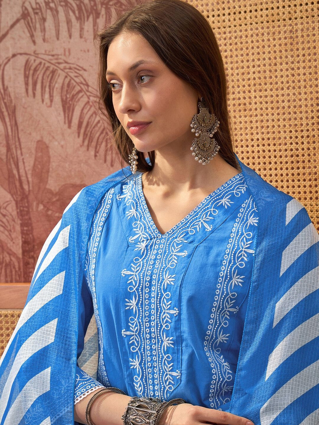 Embroidered Pure Cotton V-Neck Kurta & Trousers With Printed Dupatta