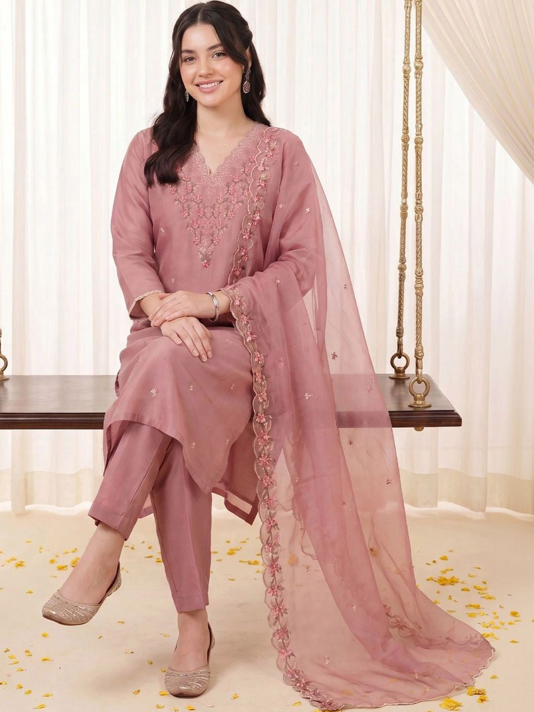 Women Ethnic Motifs Embroidered Regular Thread Work Kurta with Trousers & With Dupatta