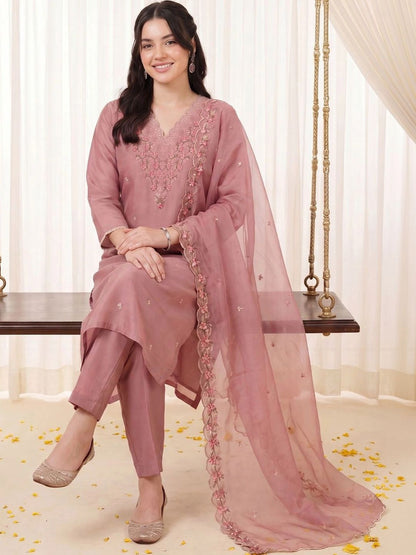 Women Ethnic Motifs Embroidered Regular Thread Work Kurta with Trousers & With Dupatta