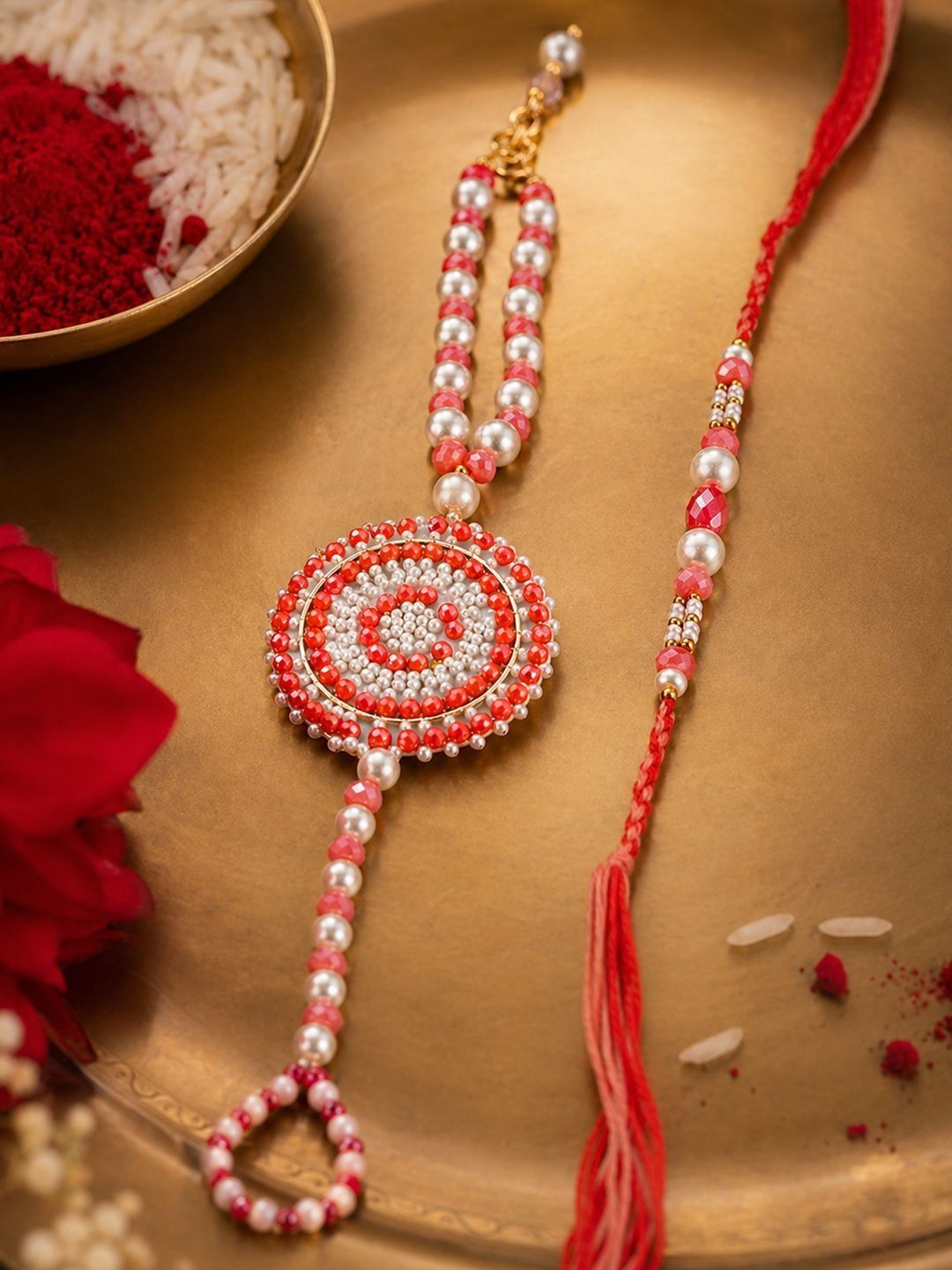 Dhiyona Set Of 2 Gold Toned Pearls & Beads Round Shape Bhaiya Bhabhi Rakhi With Roli Chawal