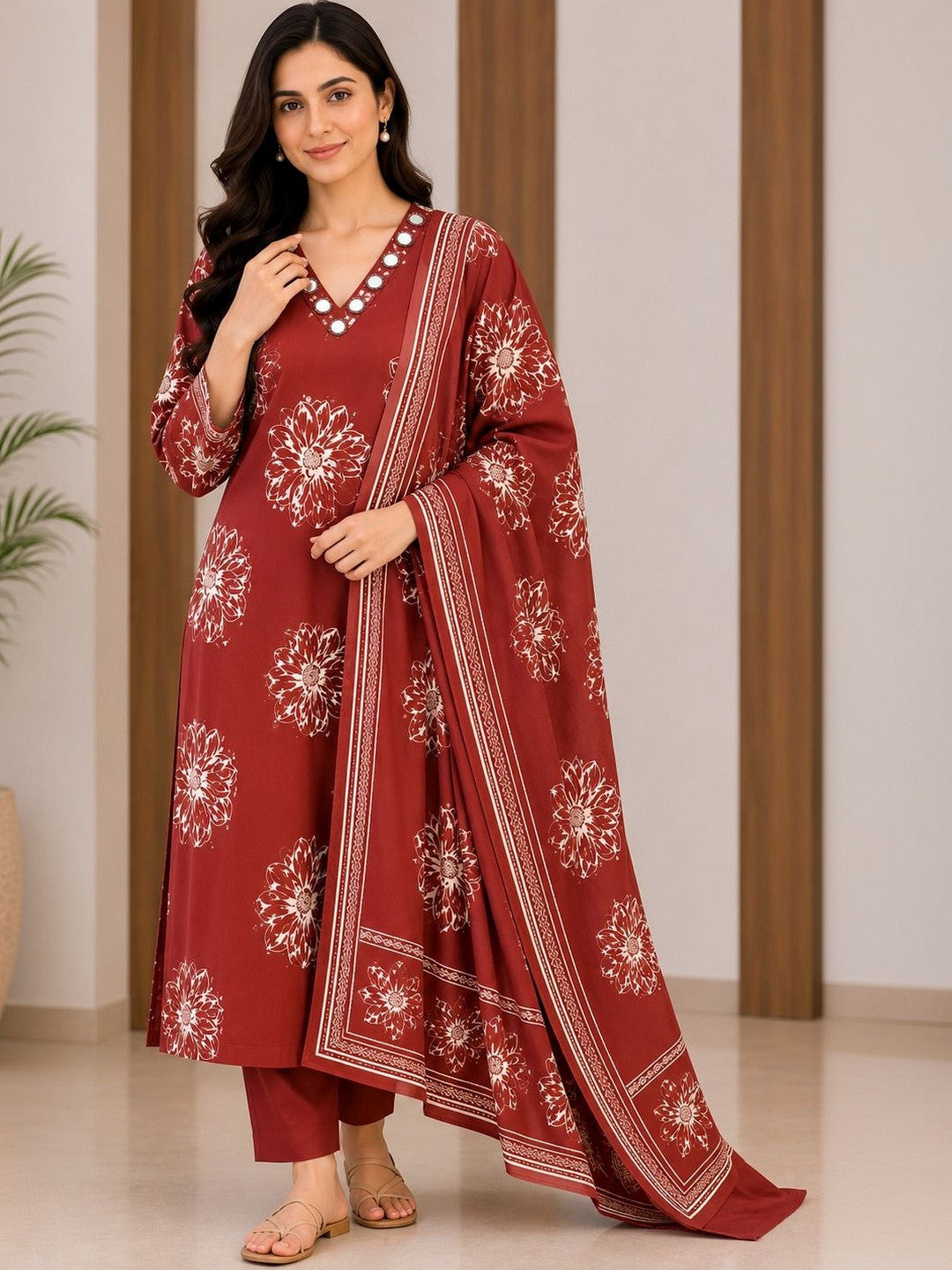 Dhiyona SN Women Floral Printed Regular Mirror Work Pure Cotton Kurta with Trousers & With Dupatta