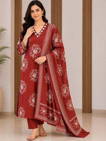 Women Floral Printed Regular Mirror Work Pure Cotton Kurta with Trousers & With Dupatta