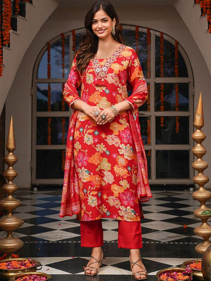 Dhiyona KL Floral Printed Mirror Work V-Neck Straight Kurta With Trousers & Dupatta