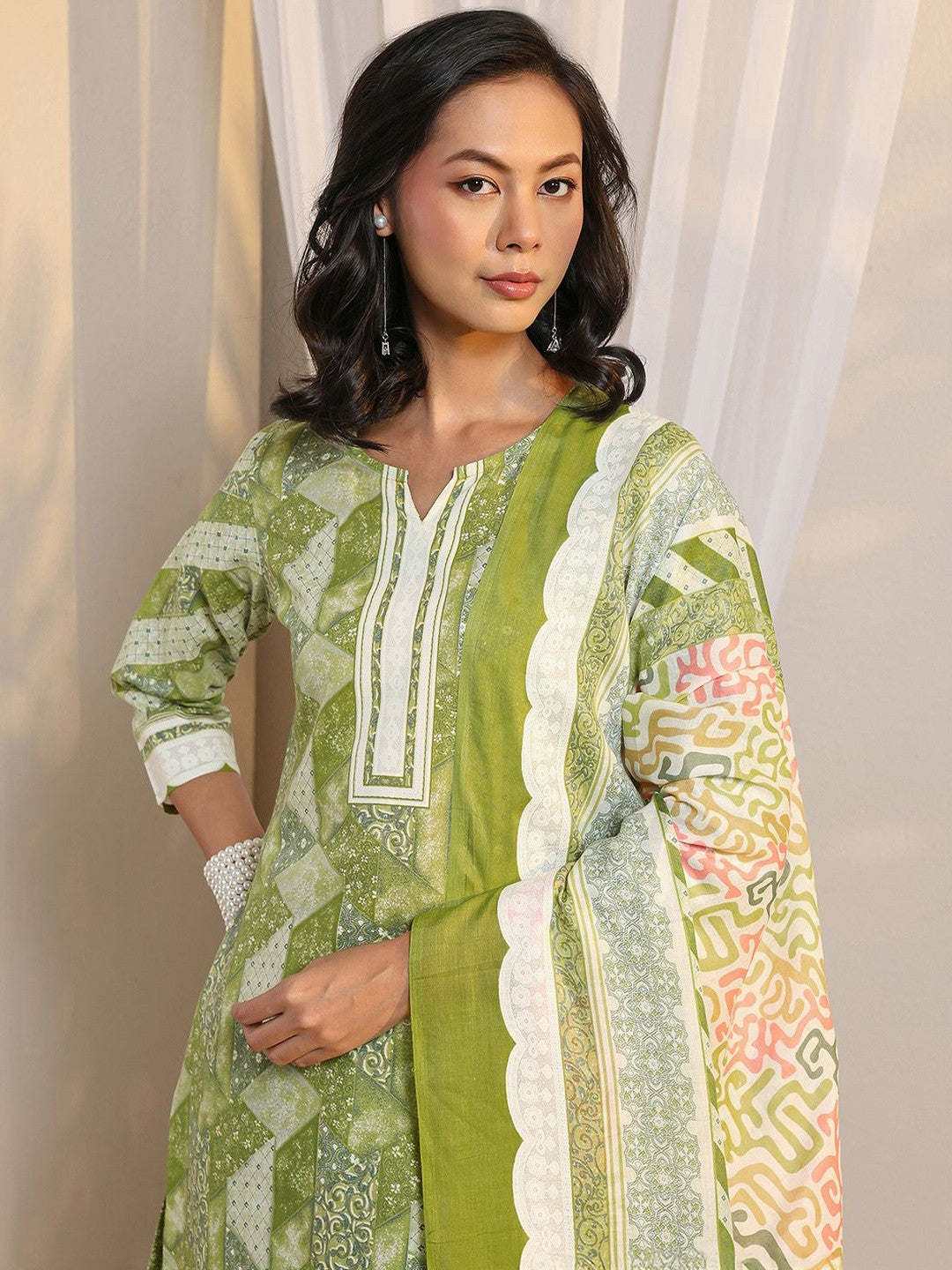Libas Green Geometric Printed Straight Suit Set with Dupatta