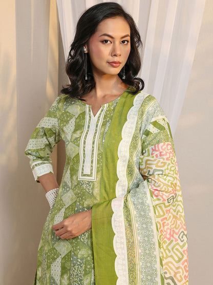 Libas Green Geometric Printed Straight Suit Set with Dupatta