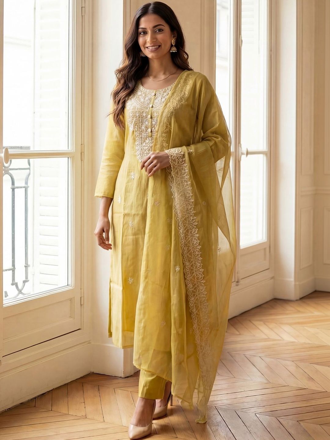 Dhiyona IE Women Ethnic Motifs Embroidered Regular Thread Work Kurta with Palazzos & With Dupatta