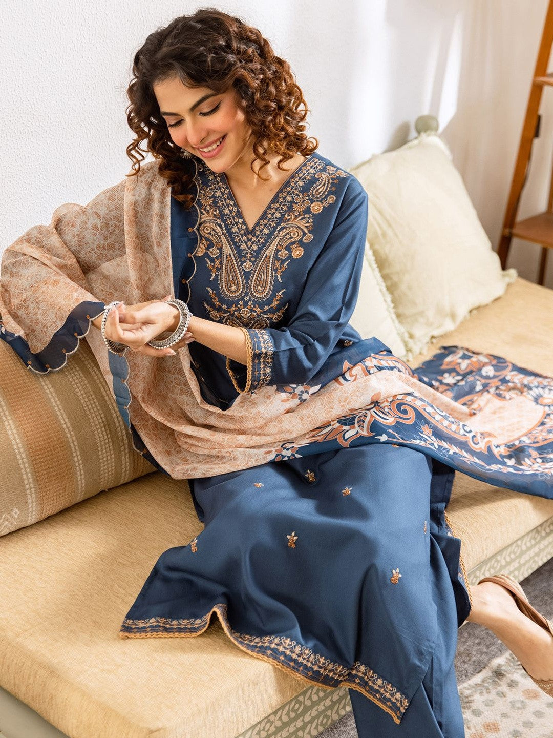 Women Paisley Embroidered Regular Kurta with Palazzos & With Dupatta