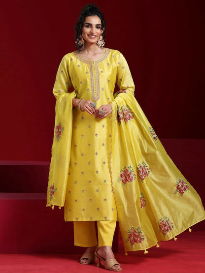 Women's LB Art Yellow Embroidered Chanderi Silk Straight Suit With Dupatta