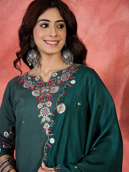 Dhiyona SN Floral Embroidered Thread Work A-Line Kurta & Palazzo With Dupatta