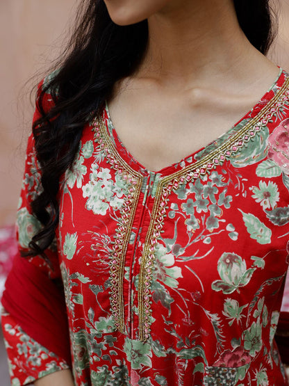 Floral Printed Beads & Stones Anarkali Kurta & Trouser With Dupatta