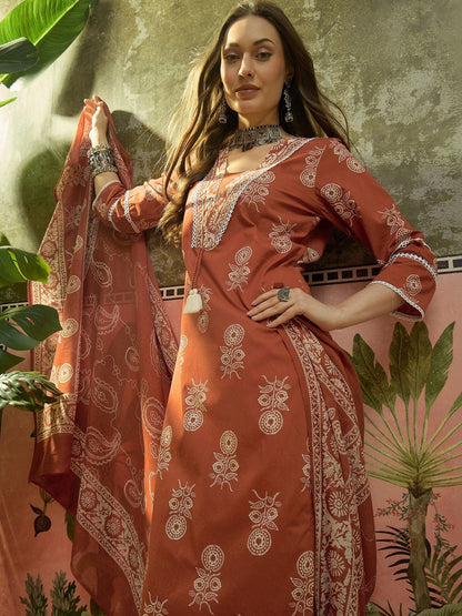 Embroidered Pure Cotton Round Neck Kurta & Palazzos With Dupatta