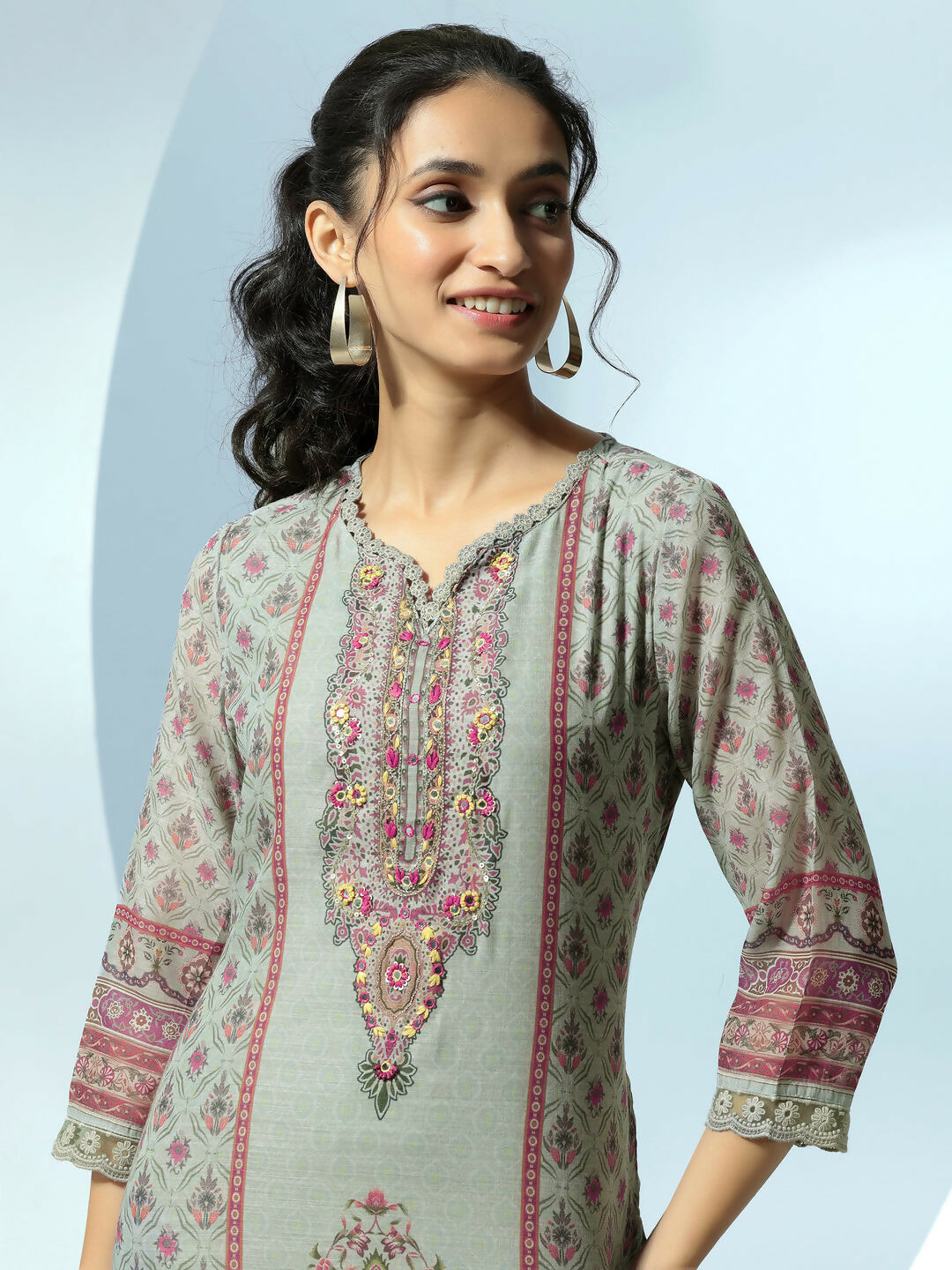 Women's LB Grey Printed Linen Straight Suit With Dupatta