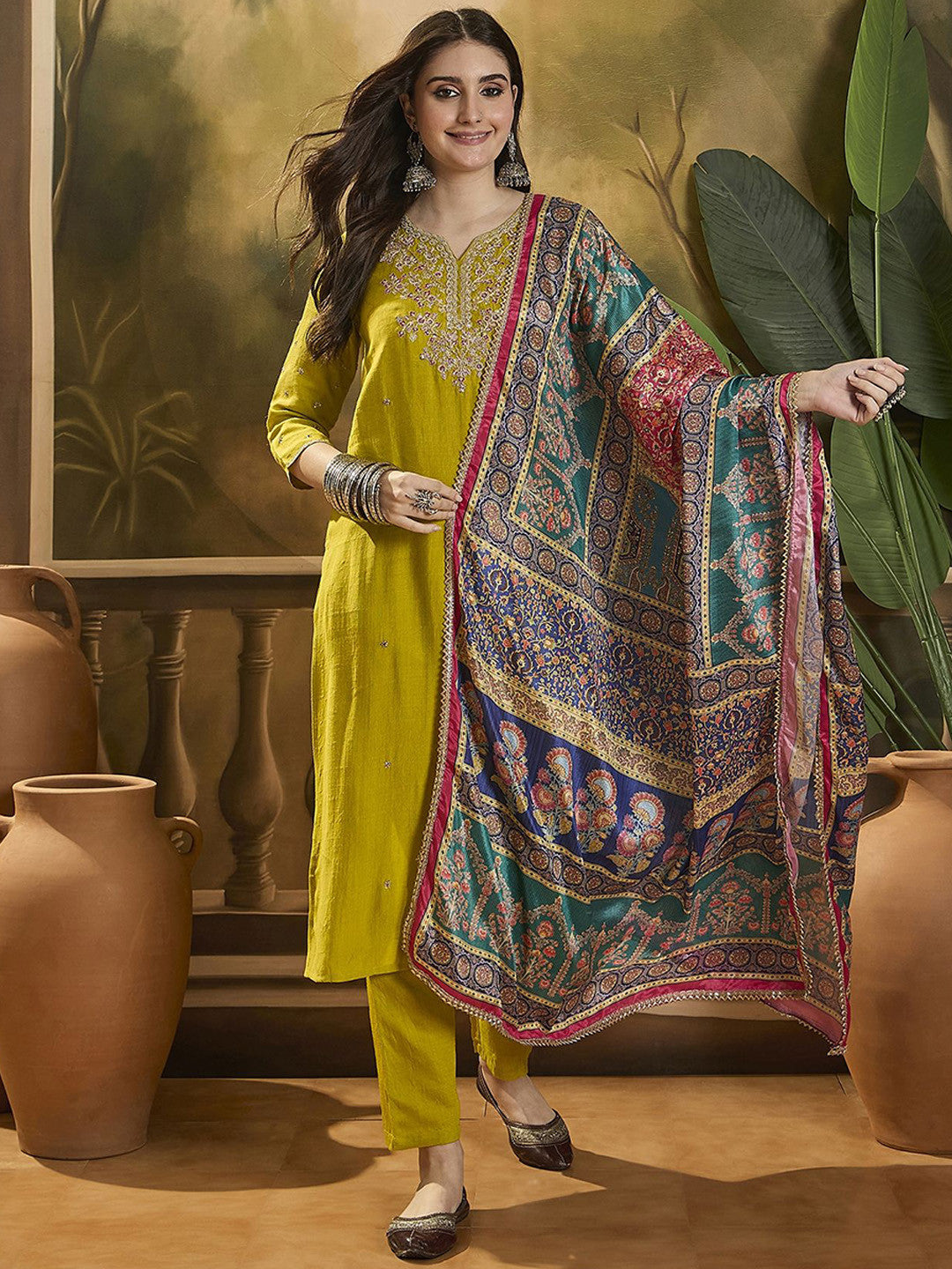 Embroidered Three Quarter Sleeves Kurta Trouser & Dupatta