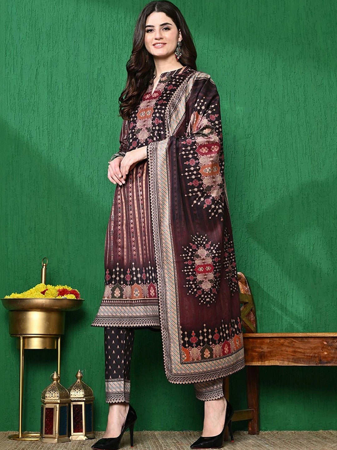 Brown Ethnic Motifs Winter Velvet Straight Kurta & Trouser With Dupatta