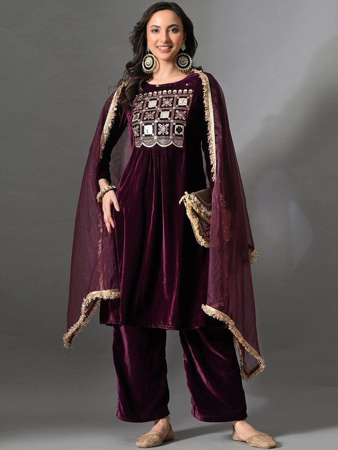 Embroidered Velvet Round Neck Kurta & Trousers With Dupatta