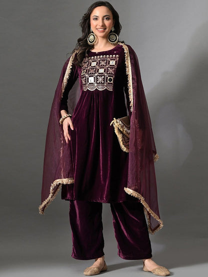 Embroidered Velvet Round Neck Kurta & Trousers With Dupatta