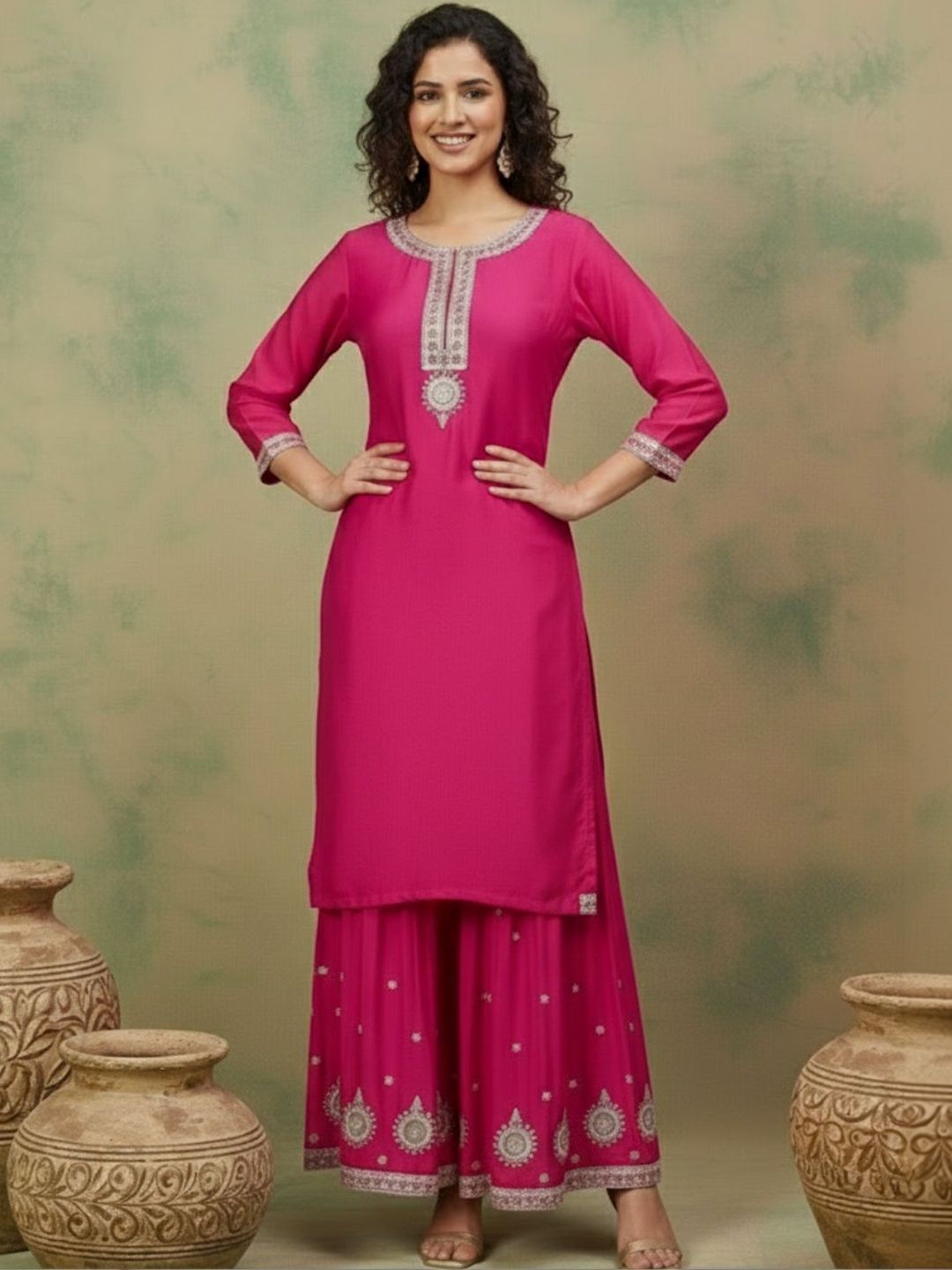 Dhiyona SN Embroidered Round-Neck Kurta Sharara & Dupatta
