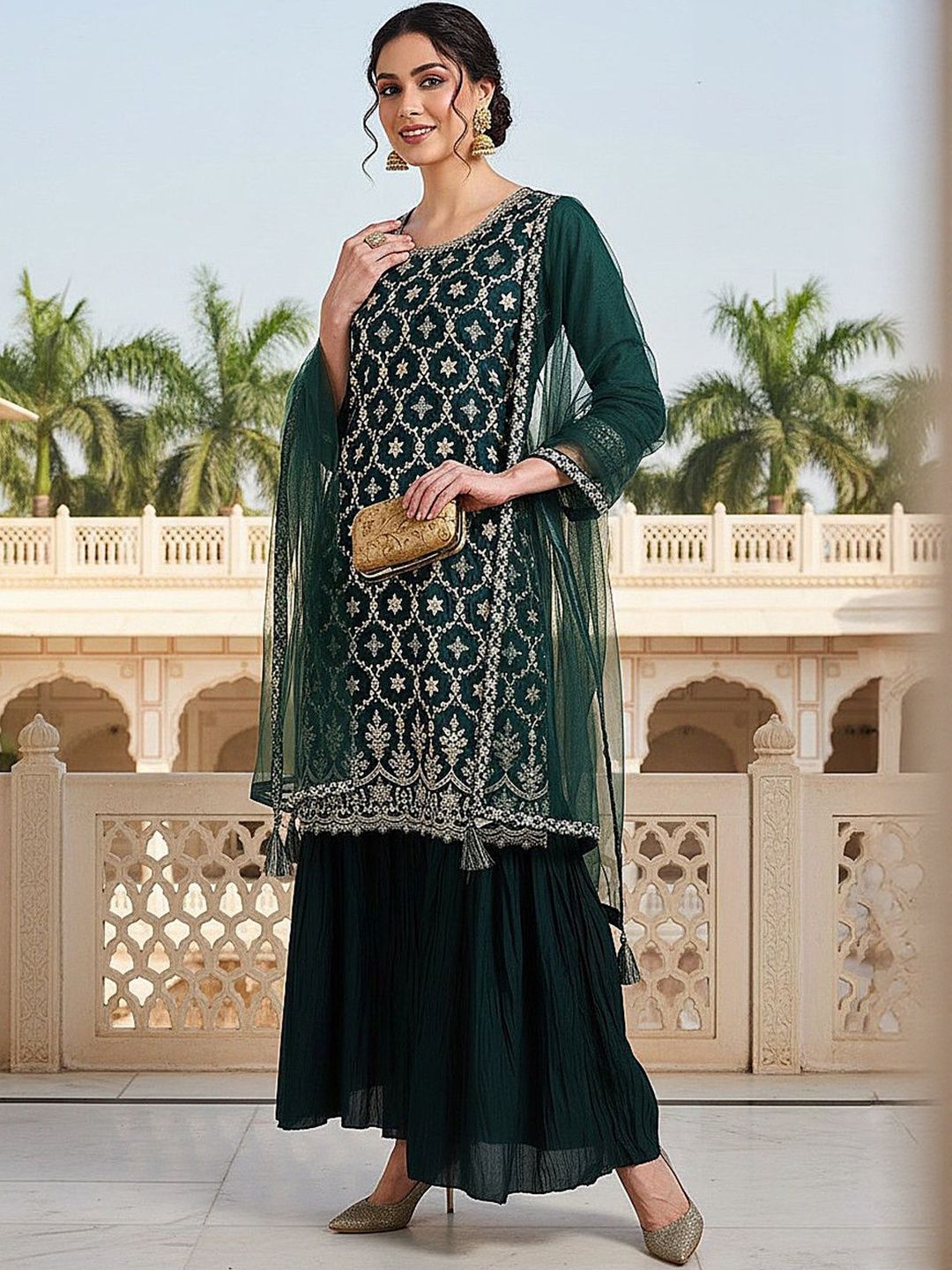 Dhiyona KL Women Ethnic Motifs Embroidered Regular Kurta with Sharara & With Dupatta