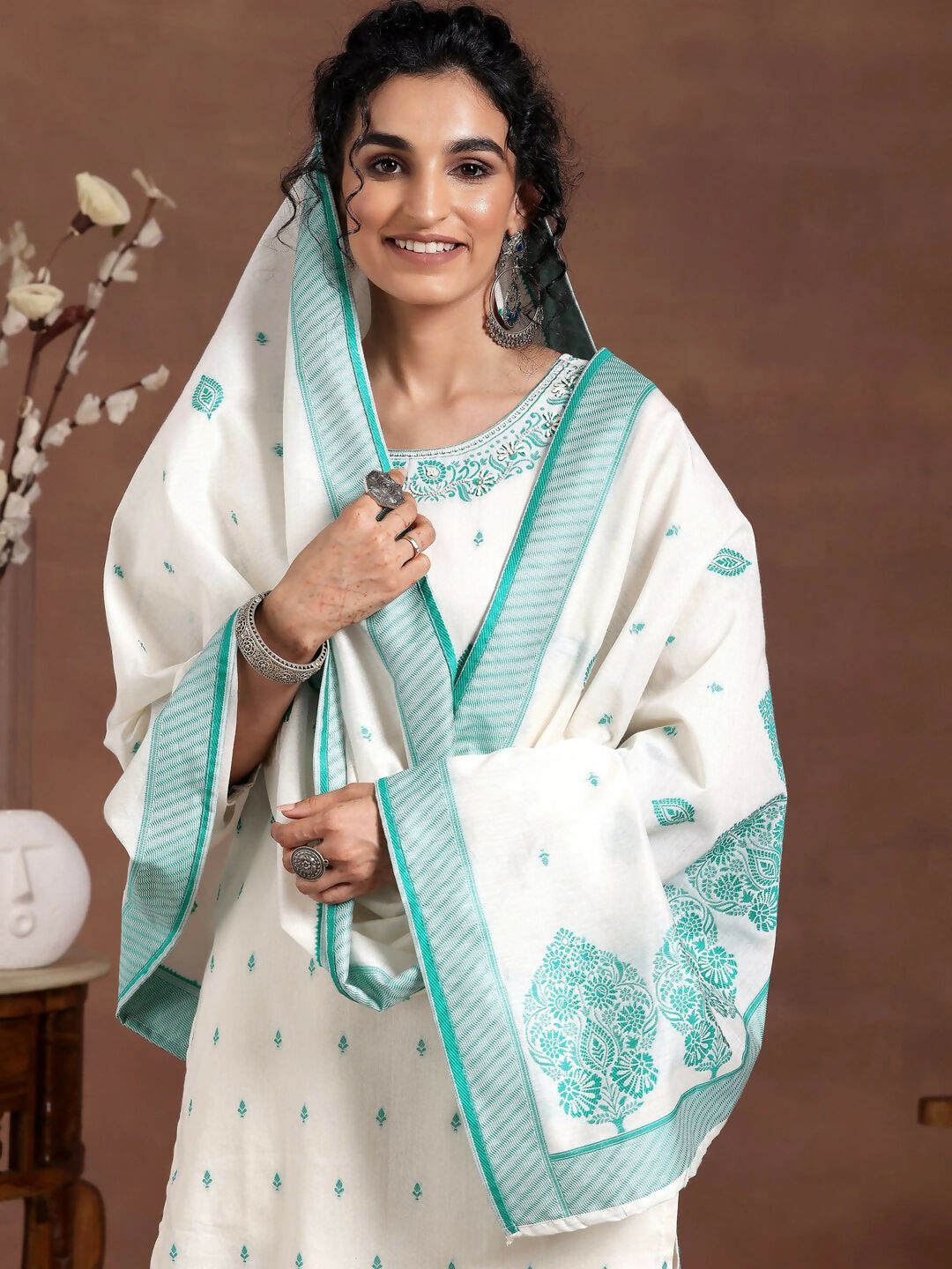 Women's LB Off White Woven Design Chanderi Silk Straight Suit With Dupatta