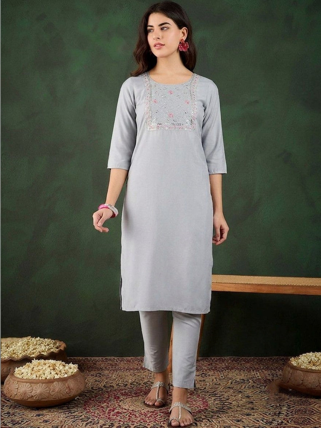 Floral Yoke Design Thread Work Straight Kurta And Trousers With Dupatta