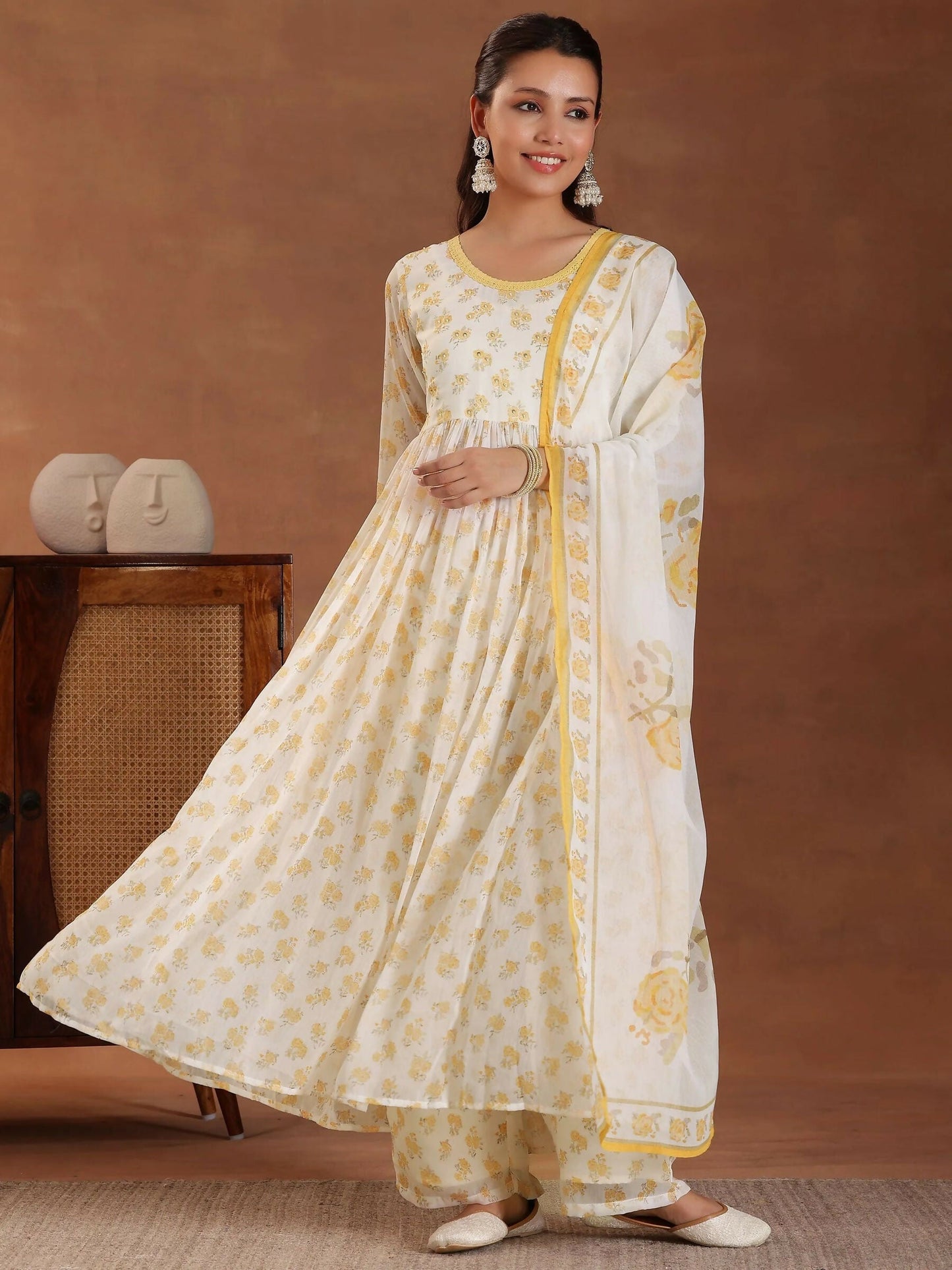 Women's LB Off white Printed Poly Chiffon A-Line Kurta With Sharara & Dupatta